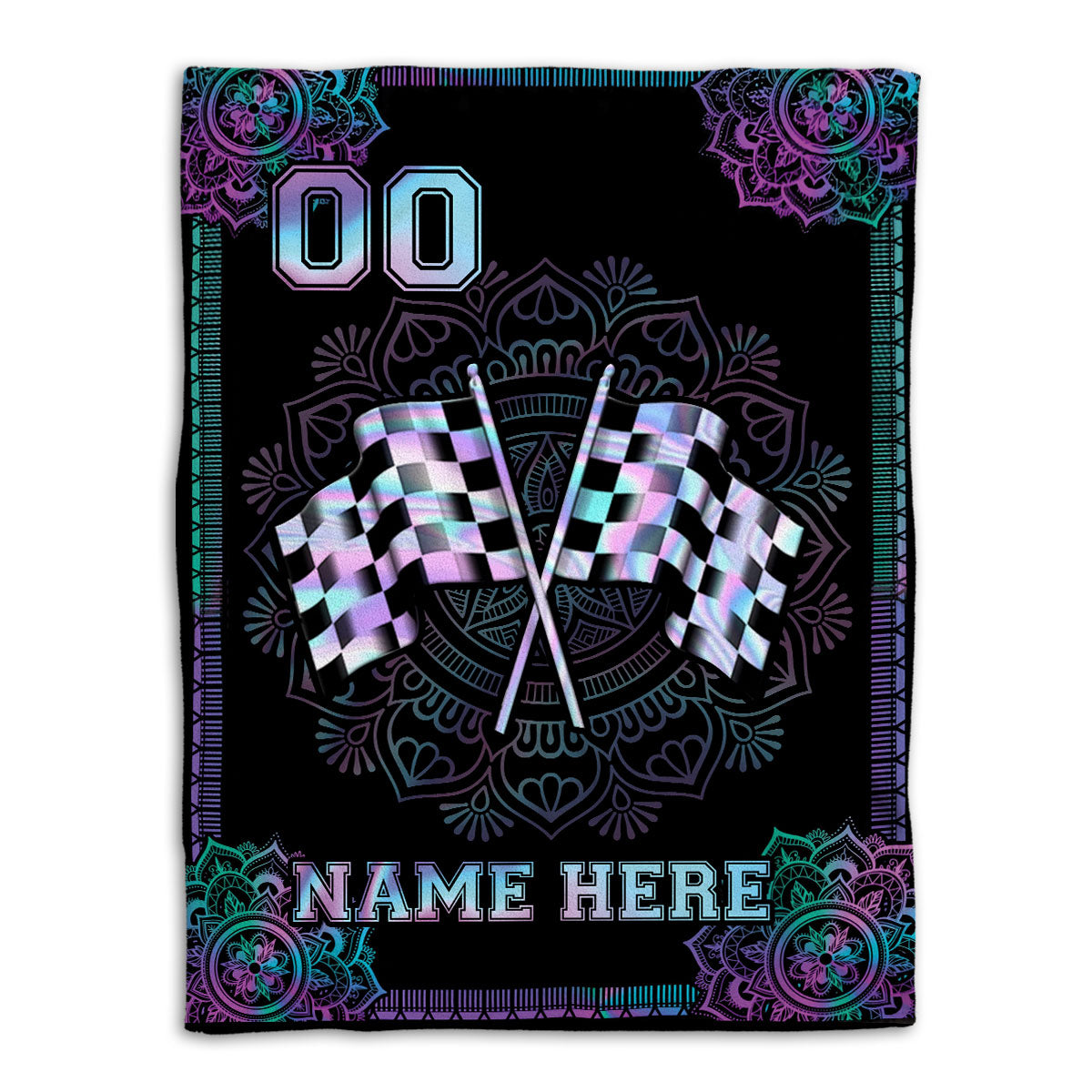 Petmytshirt Racing Blanket Hologram Mandala Checked Flag Sherpa Fleece Blanket Custom Name Number Soft Cozy Plush Throw Blanket