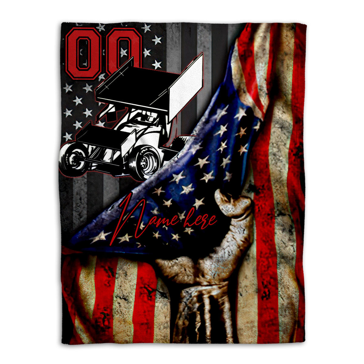 Petmytshirt Racing Blanket US Flag Dirt Track Racing Sprint Car Racer Sherpa Fleece Blanket Custom Name Number Soft Cozy Plush Throw Blanket