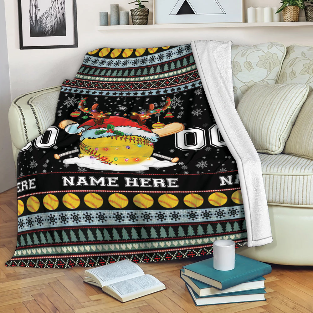 Petmytshirt Softball Blanket Softball Girl Christmas Sherpa Fleece Blanket Custom Name Number Soft Cozy Plush Throw Blanket