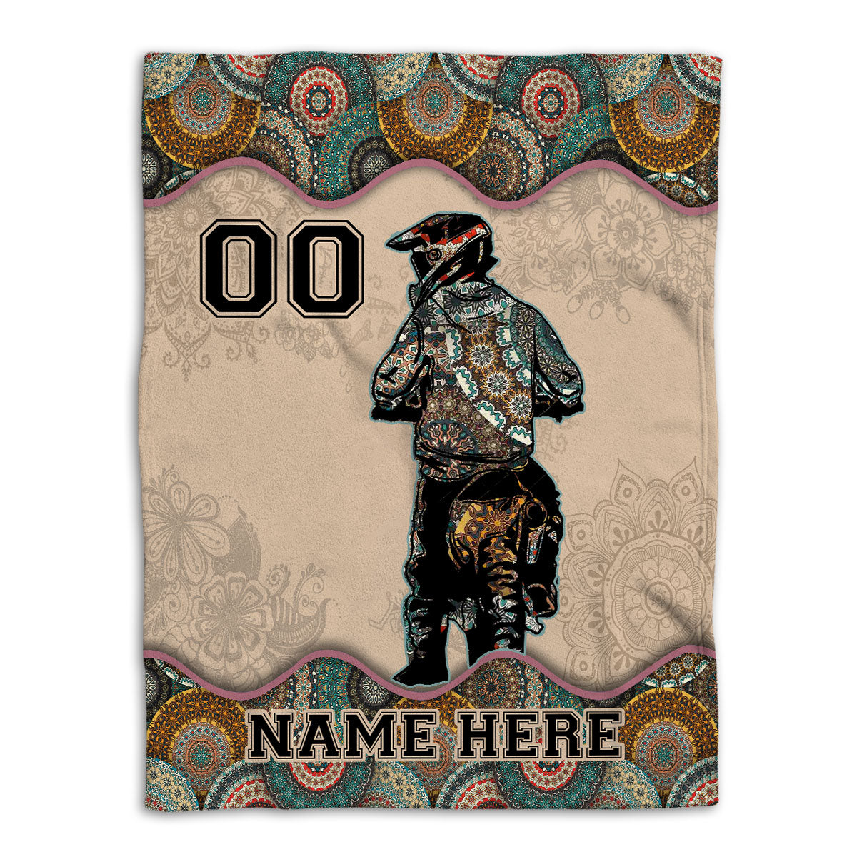 Petmytshirt Racing Blanket Mandala Boho MotorcycleBoy Sherpa Fleece Blanket Custom Name Number Soft Cozy Plush Throw Blanket For Racer