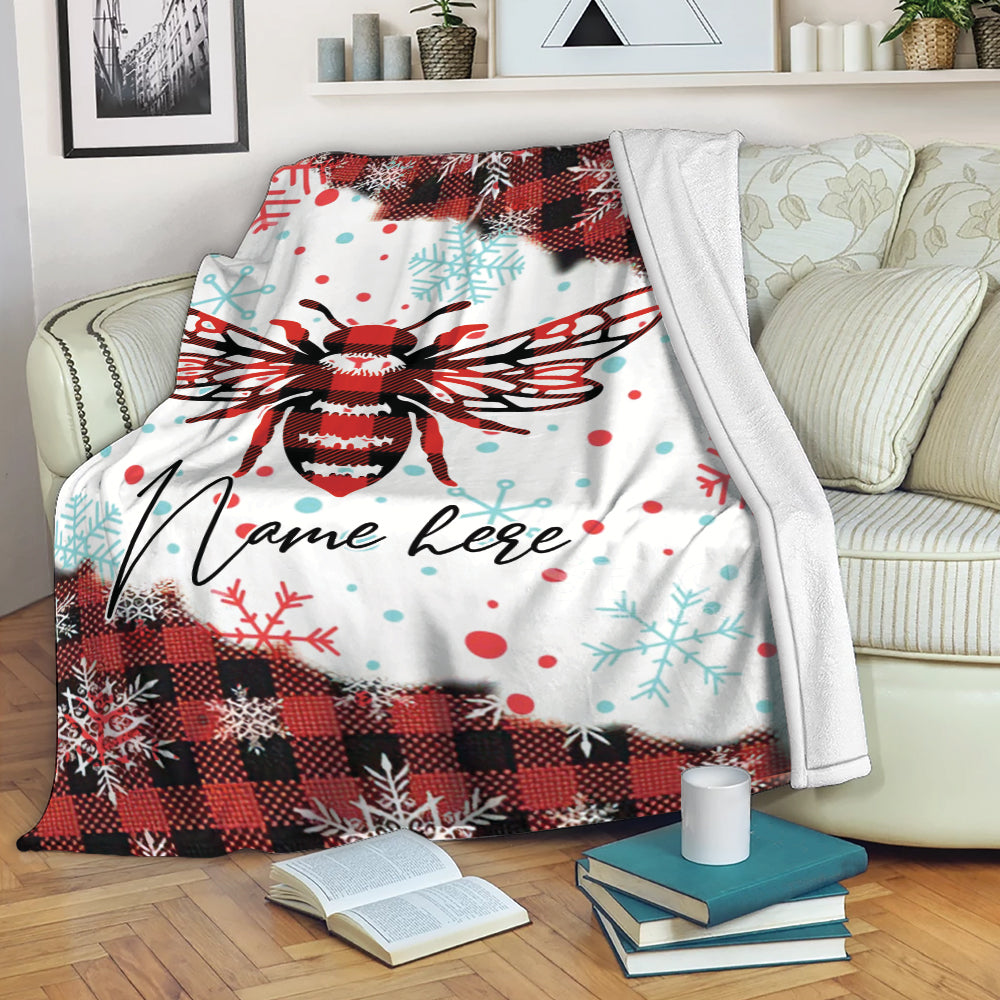 Petmytshirt Bee Blanket Bumble Honey Bee Red Plaid Christmas Xmas Noel Sherpa Fleece Blanket Custom Name Soft Cozy Plush Throw Blanket