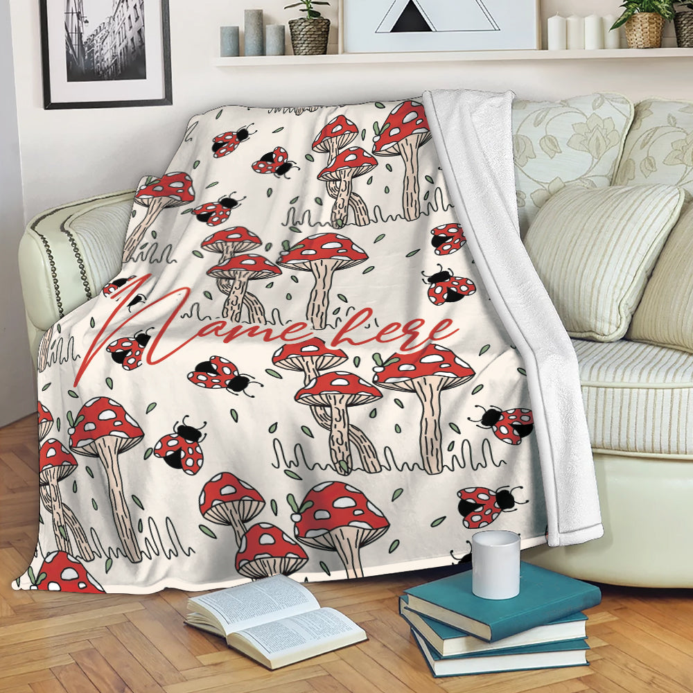 Petmytshirt Mushroom Blanket Wild Red Mushroom Sherpa Fleece Blanket Custom Name Soft Cozy Plush Throw Blanket For Girl Women