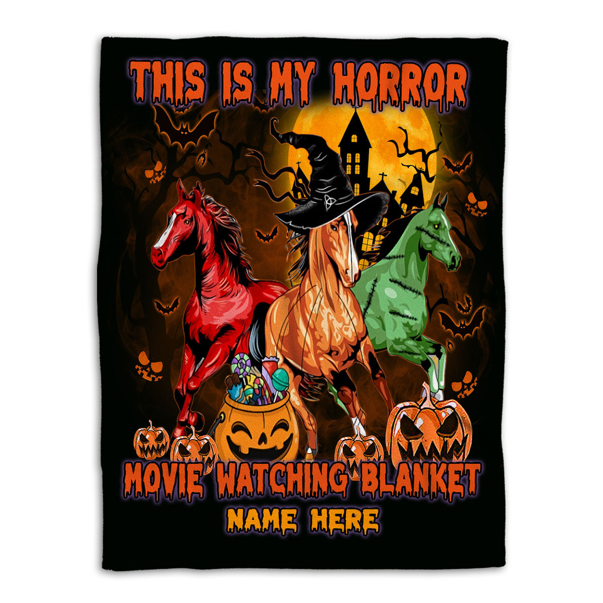 Petmytshirt Horse Blanket Horse Costume Halloween Horror Movie Watching Sherpa Fleece Blanket Custom Name Soft Cozy Plush Throw Blanket