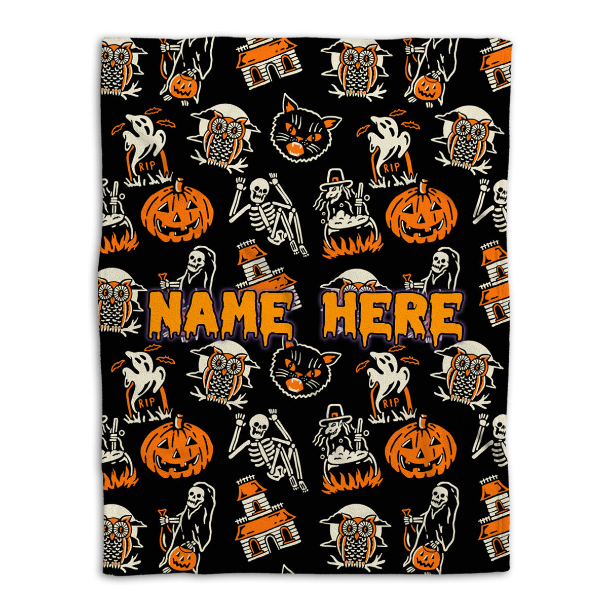 Petmytshirt HalloweenSkull Blanket Pumpkin Skeleton Skull Halloween Sherpa Fleece Blanket Custom Name Soft Cozy Plush Throw Blanket
