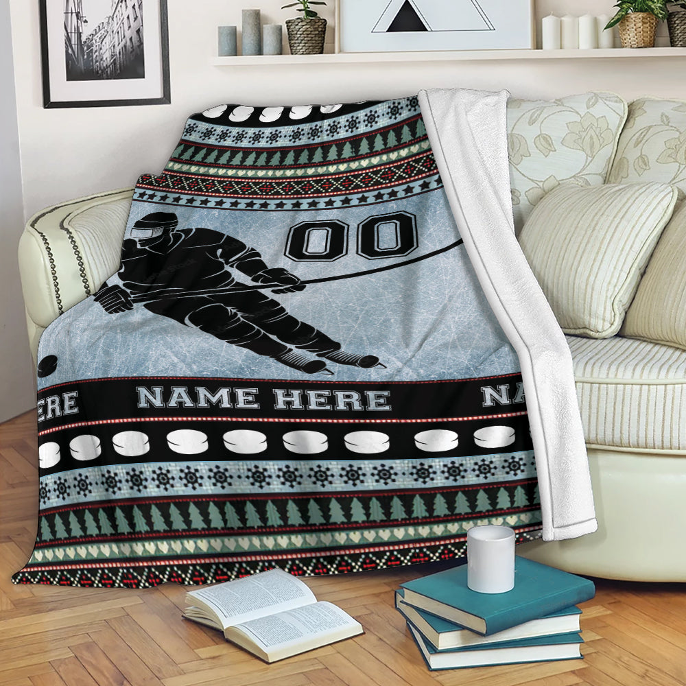 Petmytshirt Hockey Blanket Ugly Christmas Hockey Player Sherpa Fleece Blanket Soft Cozy Plush Throw Blanket Christmas Gift