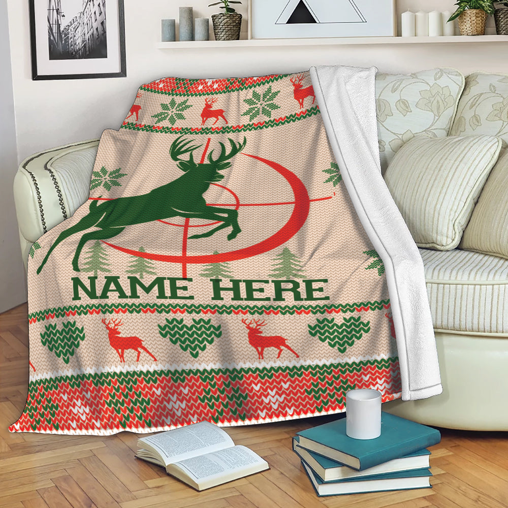 Petmytshirt Hunting Blanket Christmas Ugly Deer Hunting Sherpa Fleece Blanket Custom Name Soft Cozy Plush Throw Blanket Christmas Gift