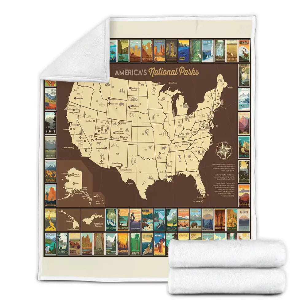 National Parks US Map Fleece Blanket Perfect 