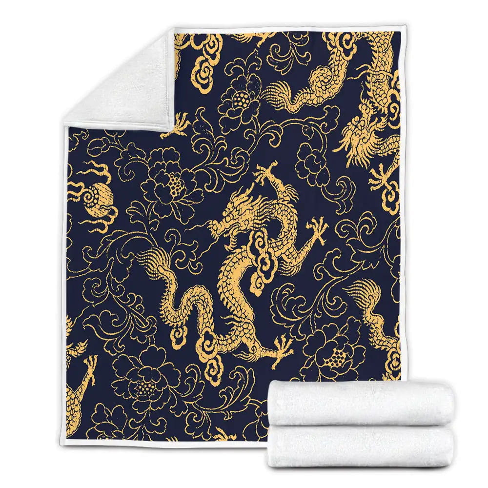Gold Japanese Dragon Fleece Blanket Perfect 