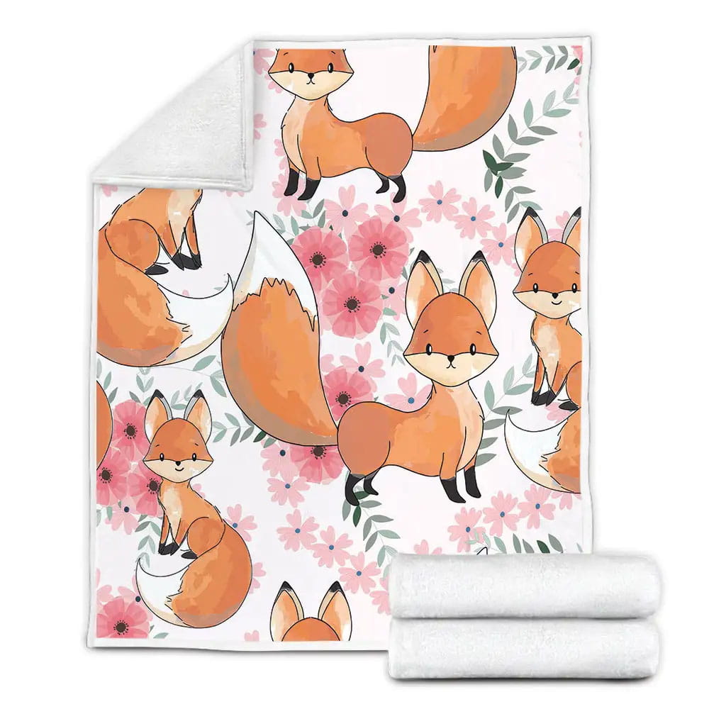 Cartoon Fox With Floral Fleece Blanket Perfect 