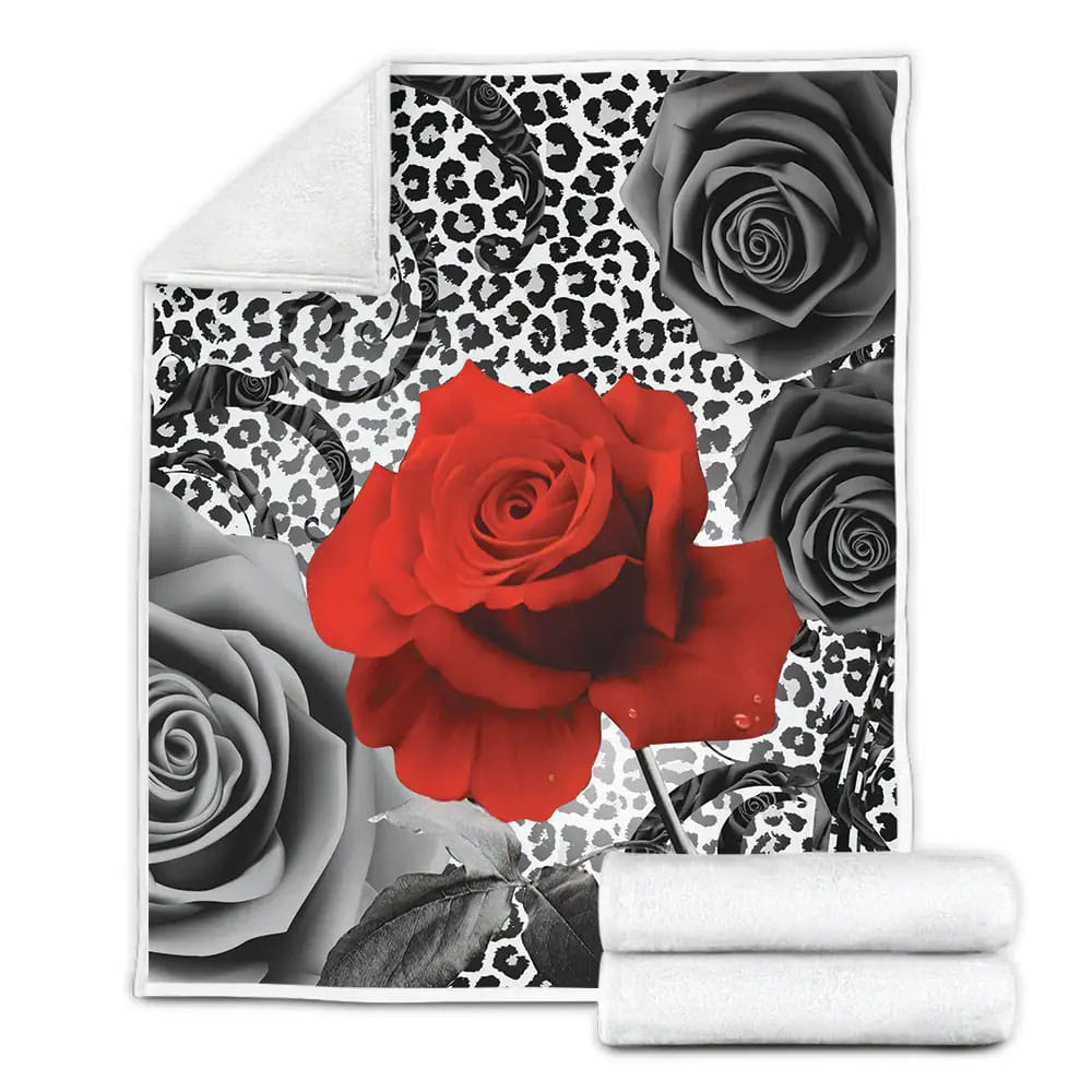 Red Rose In Leopard Leather Fleece Blanket Perfect 