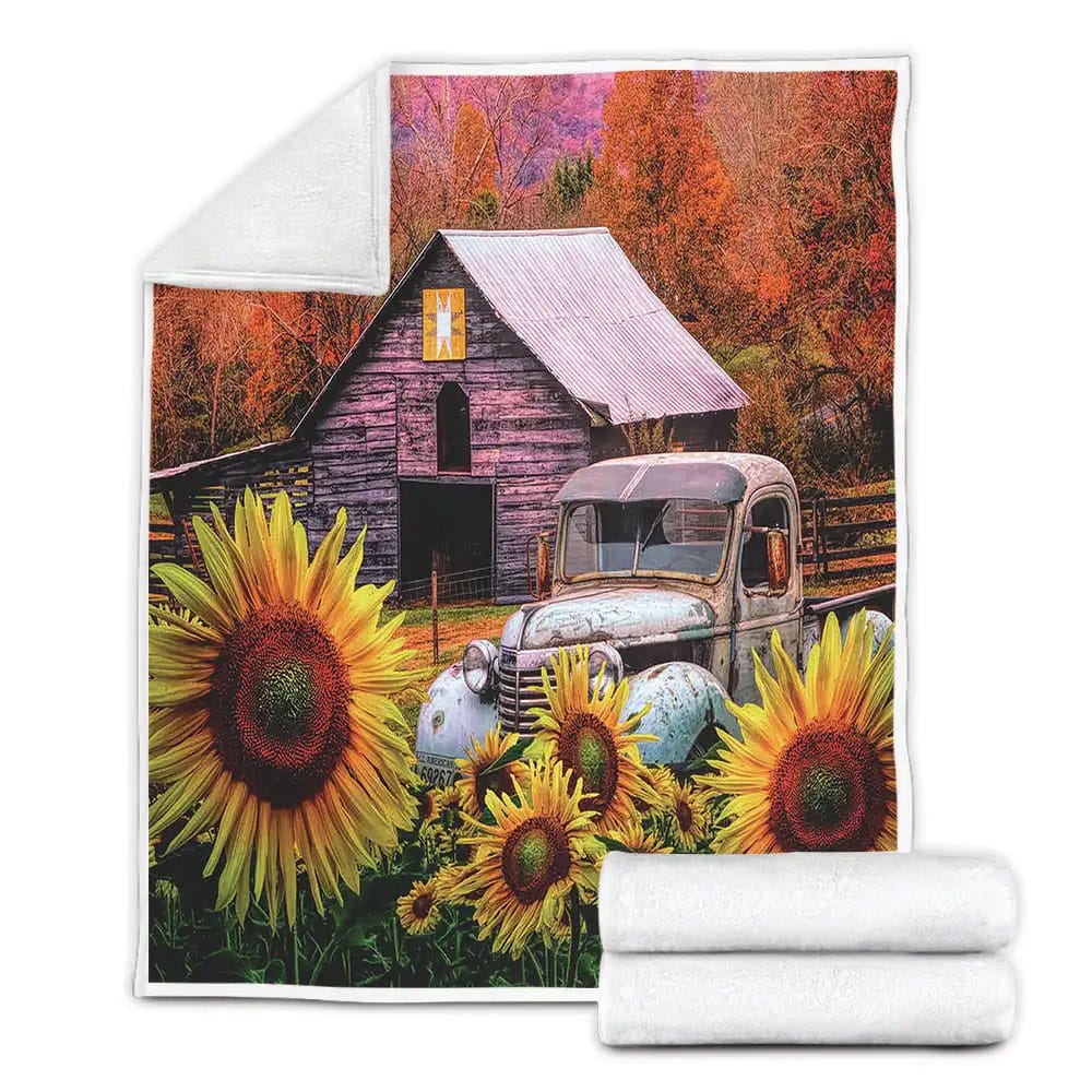 Truck Farm Garden Sunflower Fleece Blanket Perfect 