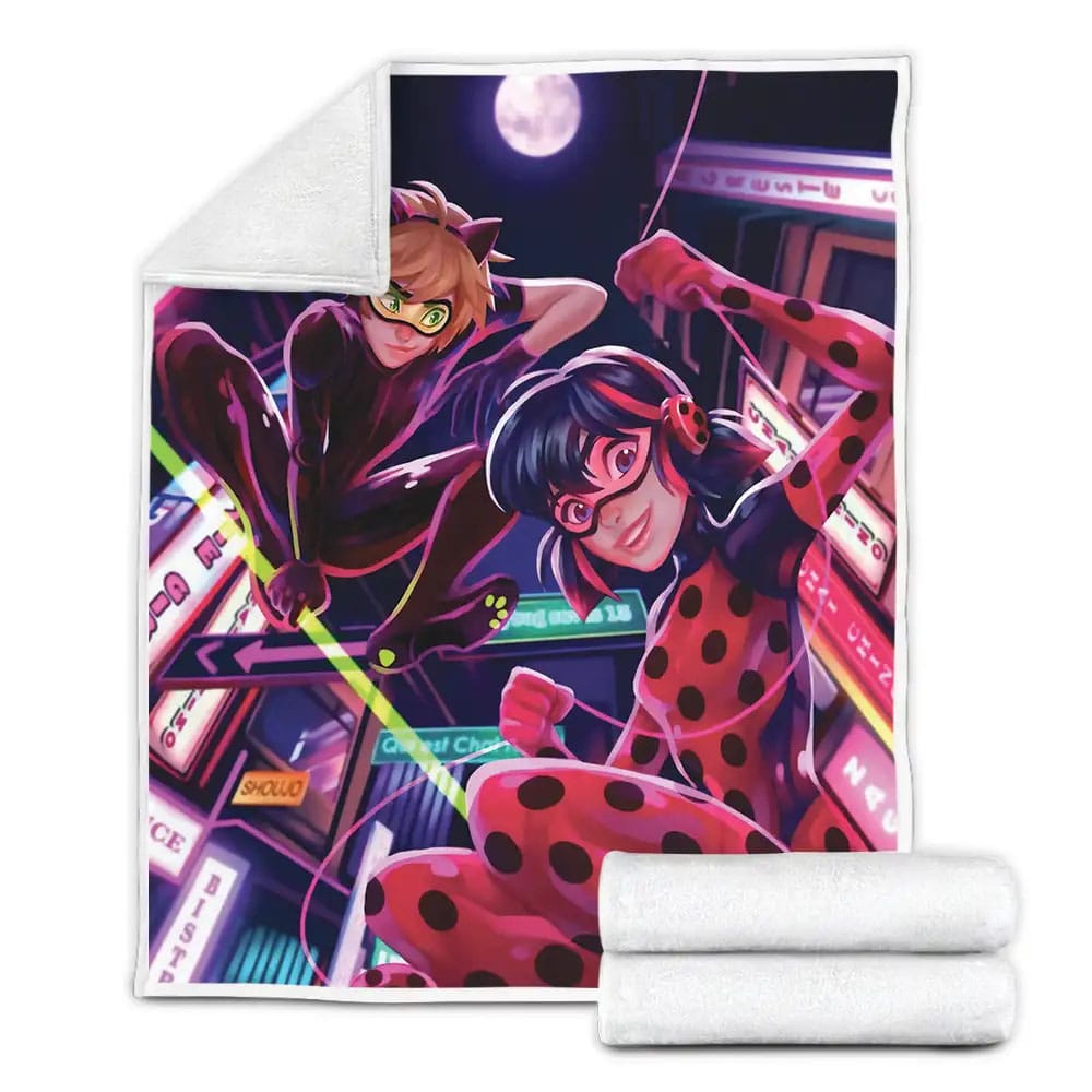 Ladybug And Cat Noir Illustration Fleece Blanket Perfect 
