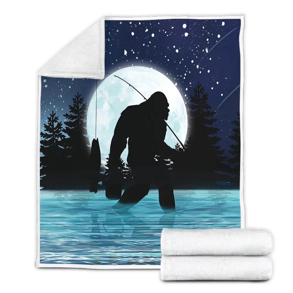 Bigfoot Night Fishing Fleece Blanket Gift For Wife Husband Besties