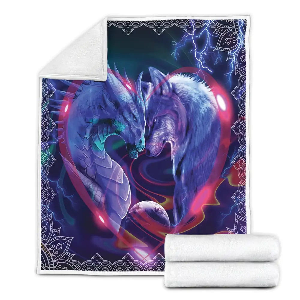 Galaxy Dragon And Wolf Fleece Blanket Gift For Wife Husband Besties
