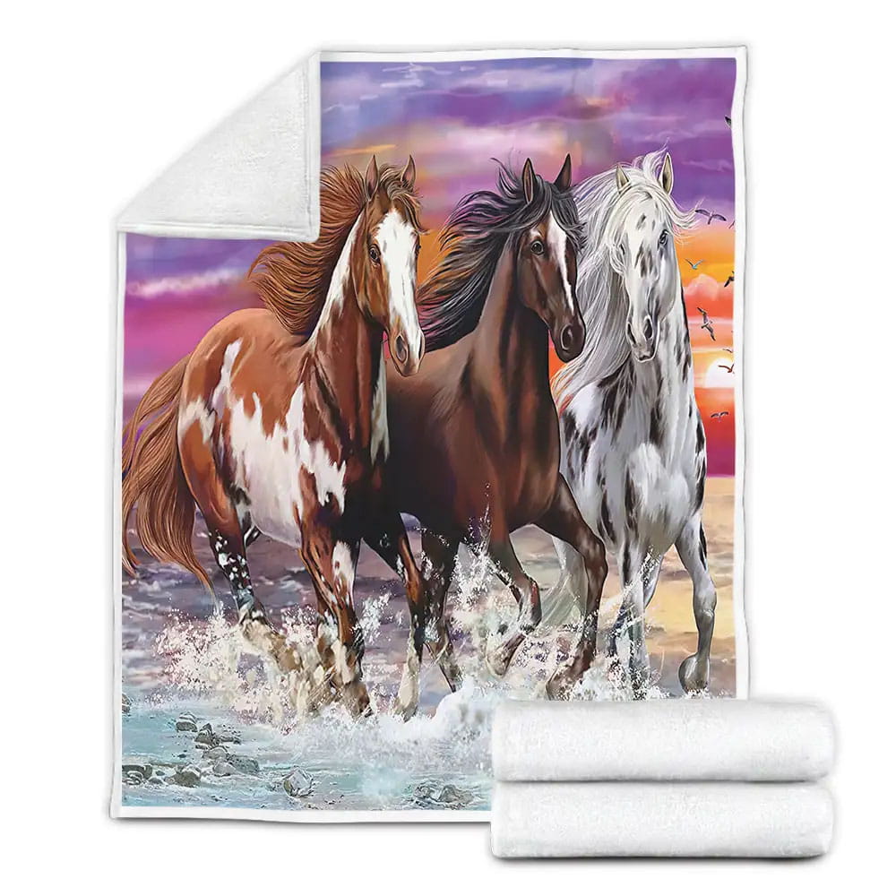 Running Horses At Sunset Fleece Blanket Gift For Wife Husband Besties