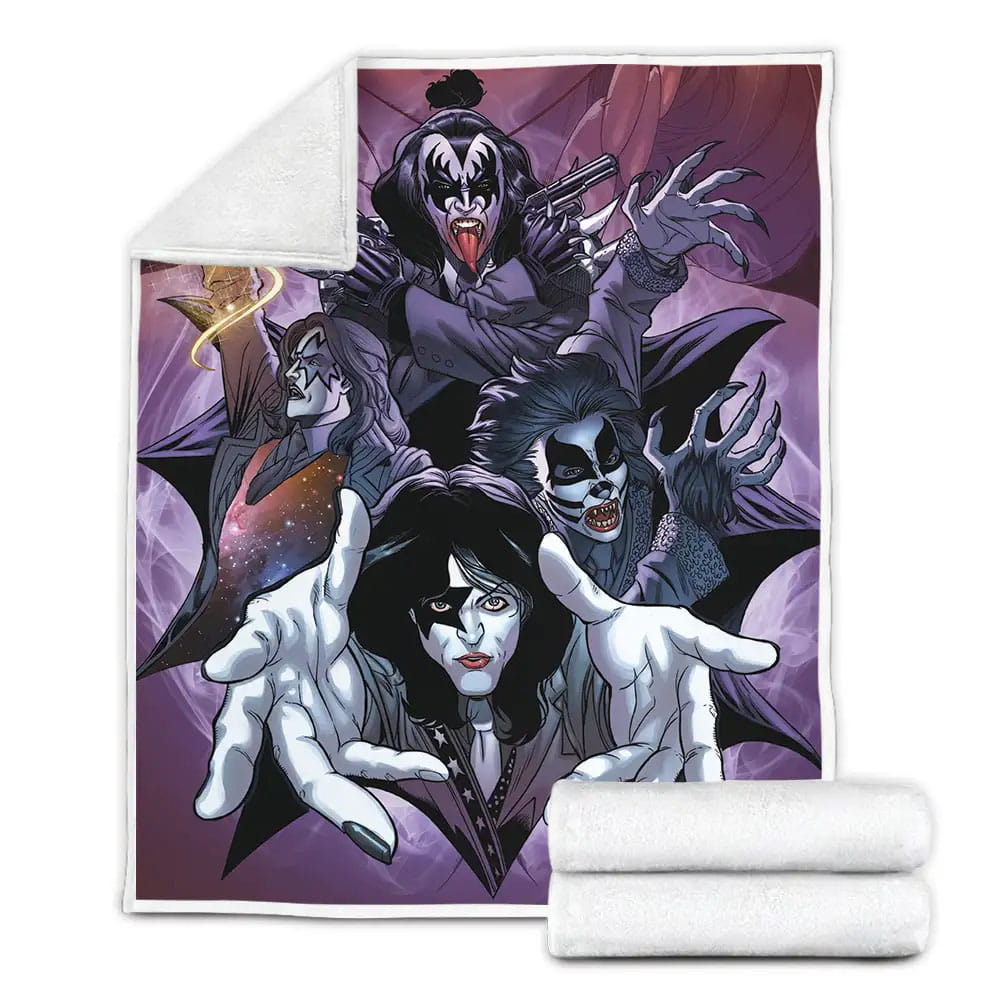 Kiss Members In Cartoon Characters Fleece Blanket Perfect 
