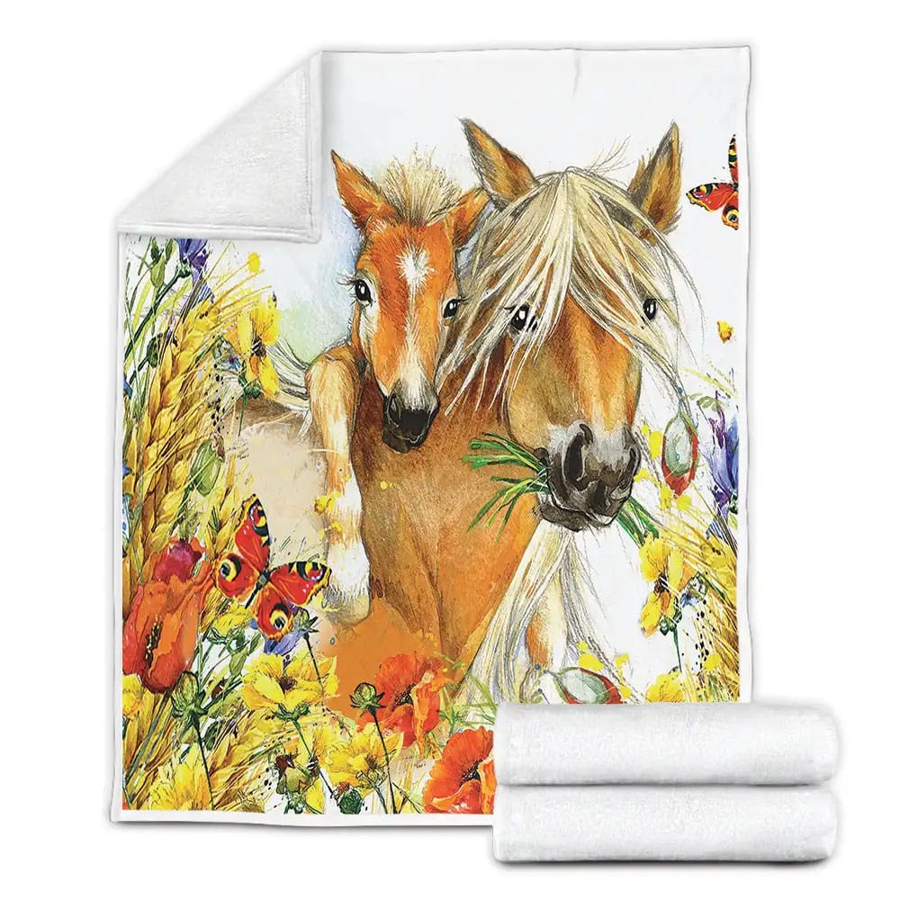 Horse Family And Flowers Fleece Blanket Gift For Wife Husband Besties
