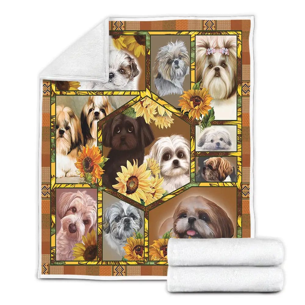 Shih Tzu Sunflower Squares Fleece Blanket Gift For Wife Husband Besties