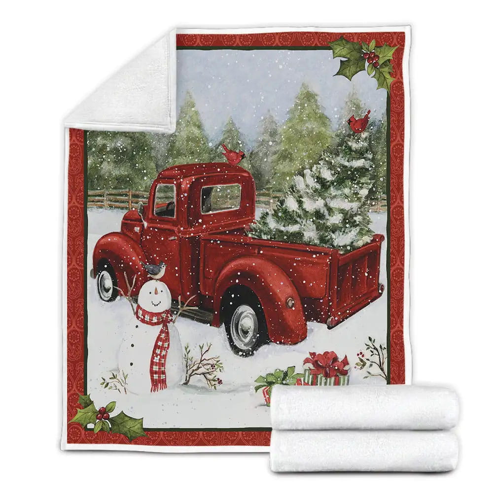 Red Truck Christmas Snowman Fleece Blanket Gift For Wife Husband Besties
