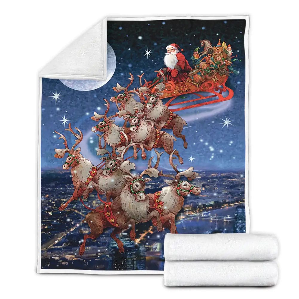 Christmas Night Santa Reindeer Sleigh Fleece Blanket Perfect 