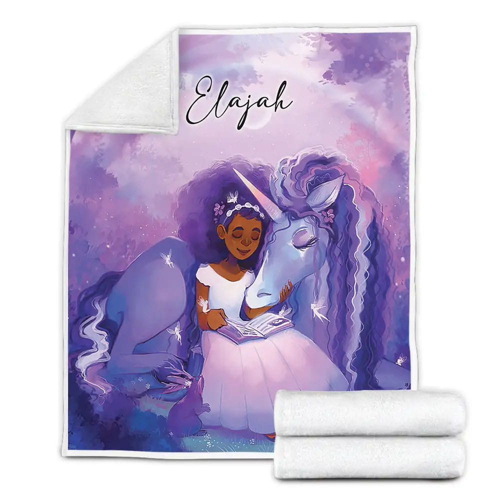 Black Little Girl With Unicorn Custom Fleece Blanket Perfect 