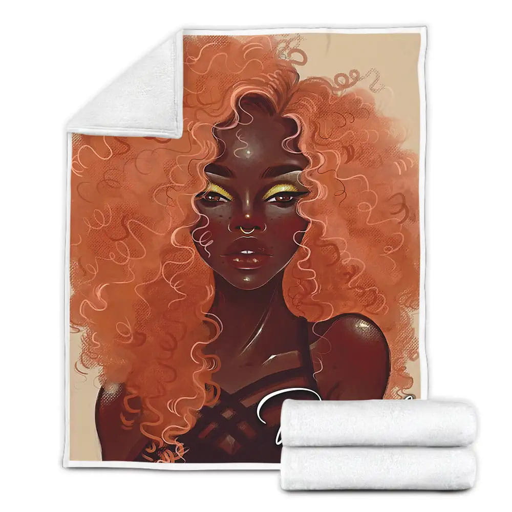 Black Girl Orange Afro Hair Fleece Blanket Gift For Wife Husband Besties