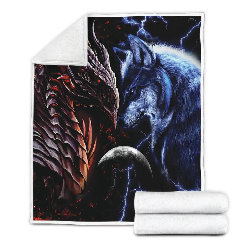 Red And Blue Dragon And Wolf Fleece Blanket Gift For Wife Husband Besties