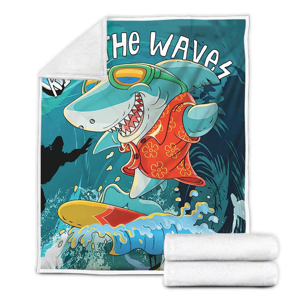 Surfing Shark Ride The Waves Fleece Blanket Gift For Wife Husband Besties