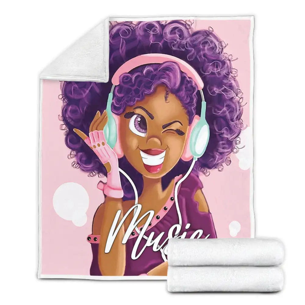 Black Girl Cute Purple Music Fleece Blanket Gift For Wife Husband Besties