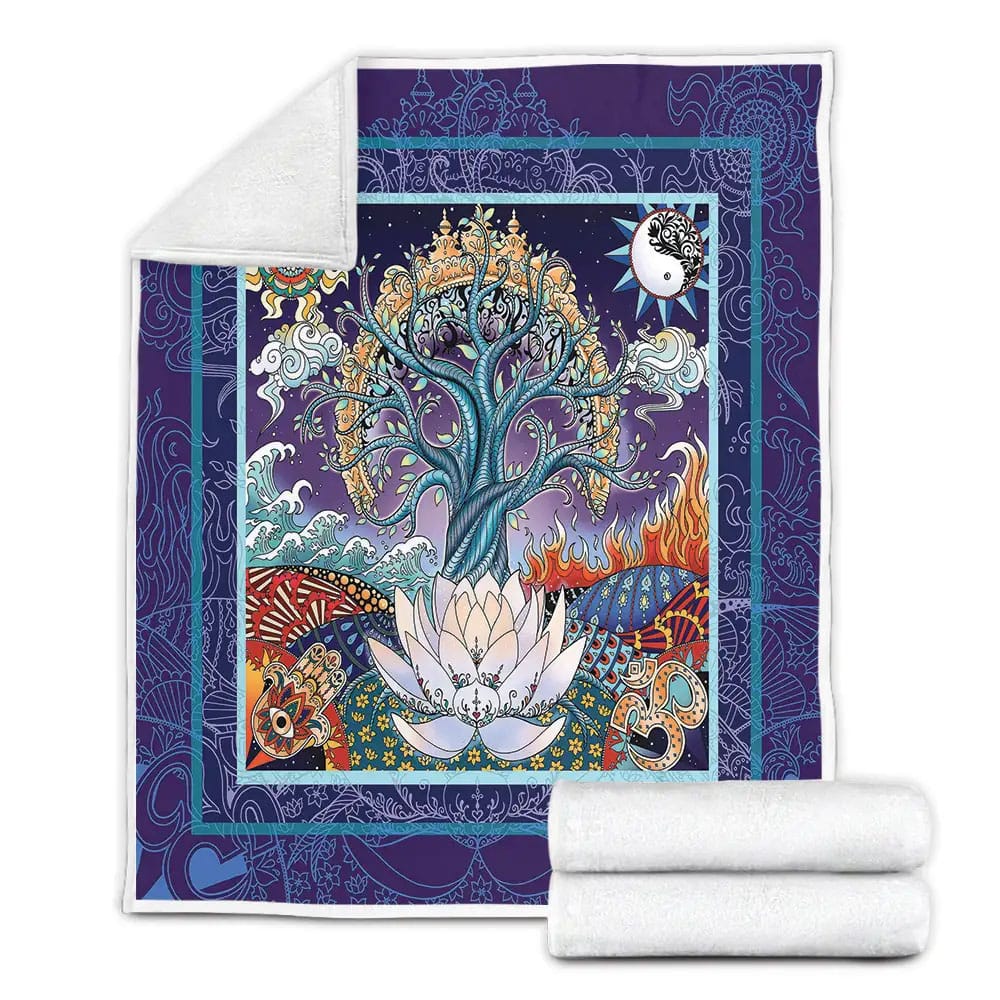 Tree of Life Lotus Hamsa Hand Fleece Blanket Gift For Wife Husband Besties