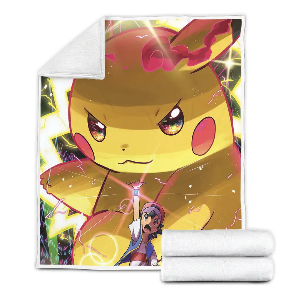 Pokemon Huge Pikachu Behind Ash Satoshi Fleece Blanket Perfect 