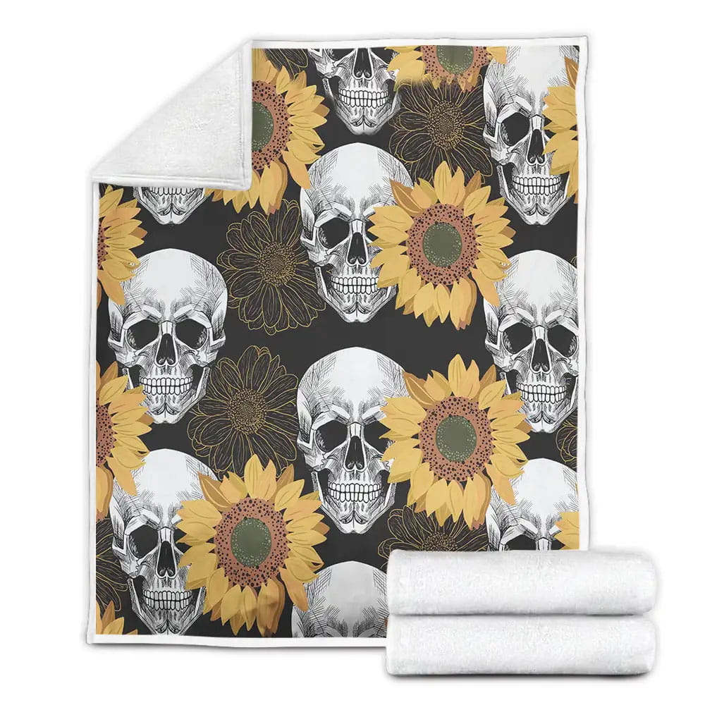 Skull Sunflower Fleece Blanket Gift For Christmas Thanksgiving Halloween