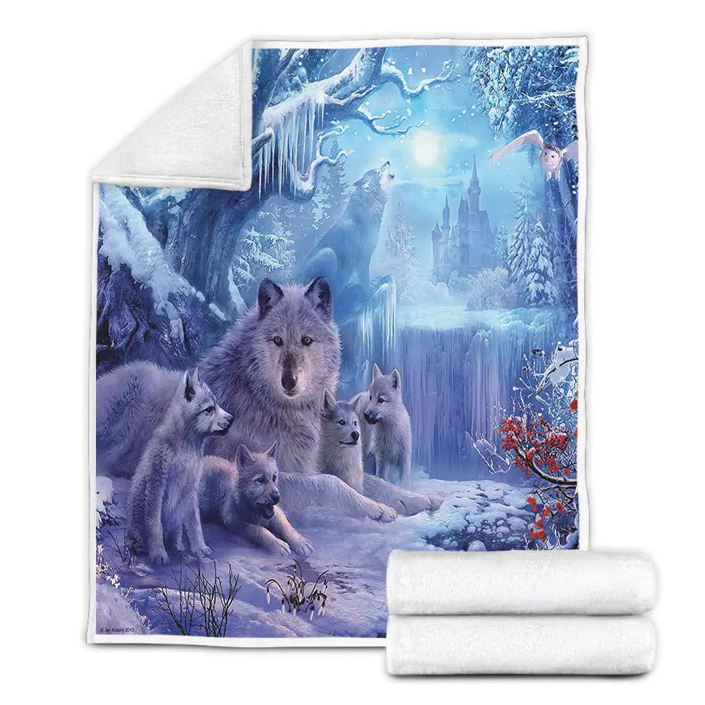 Ice Wolf Family Fleece Blanket Gift For Christmas Thanksgiving Halloween