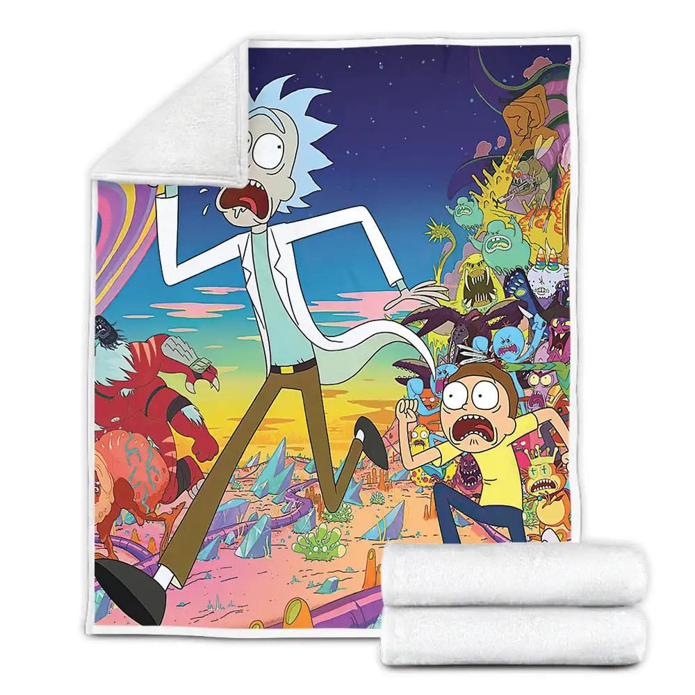 Rick And Morty Running Away From Monsters Fleece Blanket Perfect 