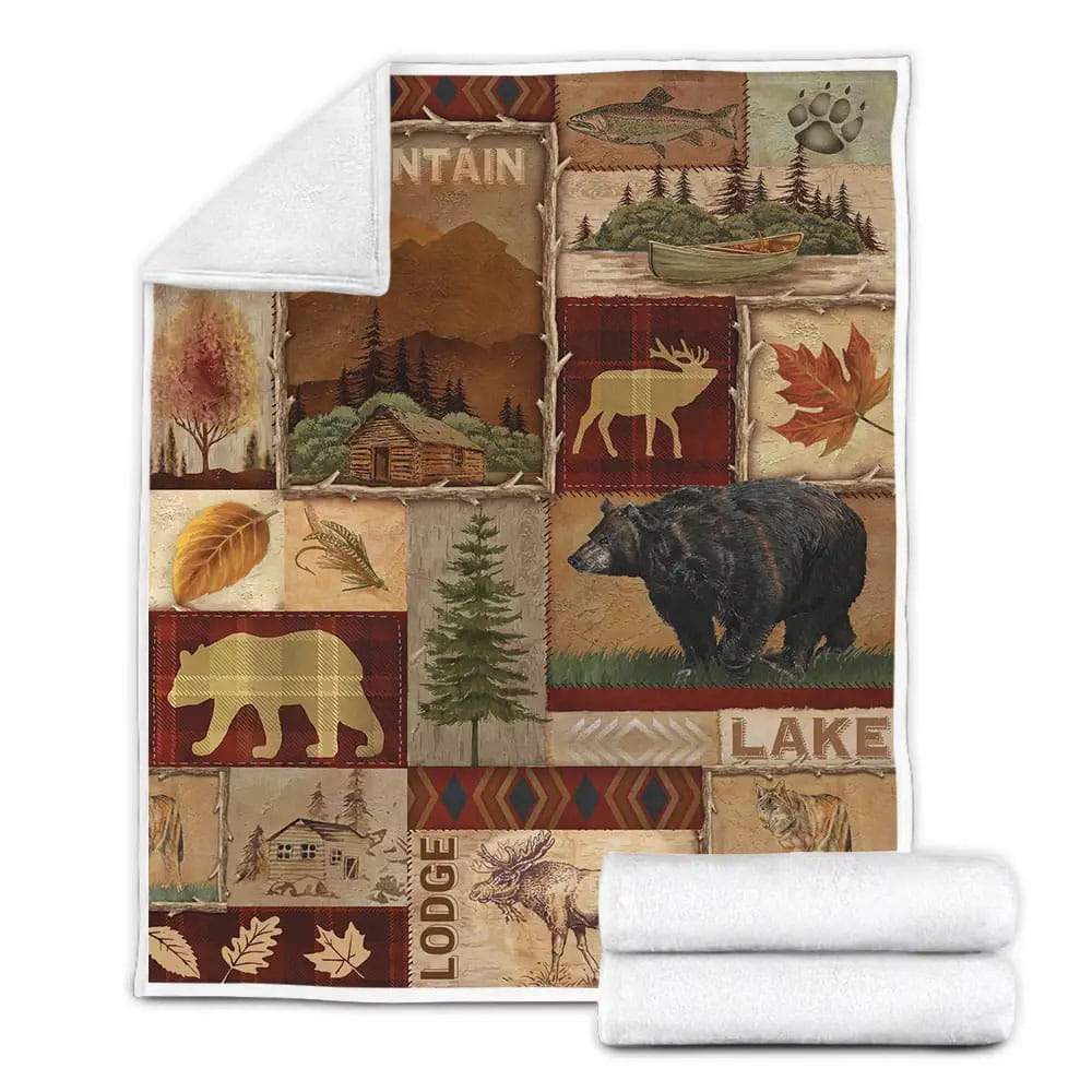 Bear Moose Lodge Fleece Blanket Gift For Christmas Thanksgiving Halloween
