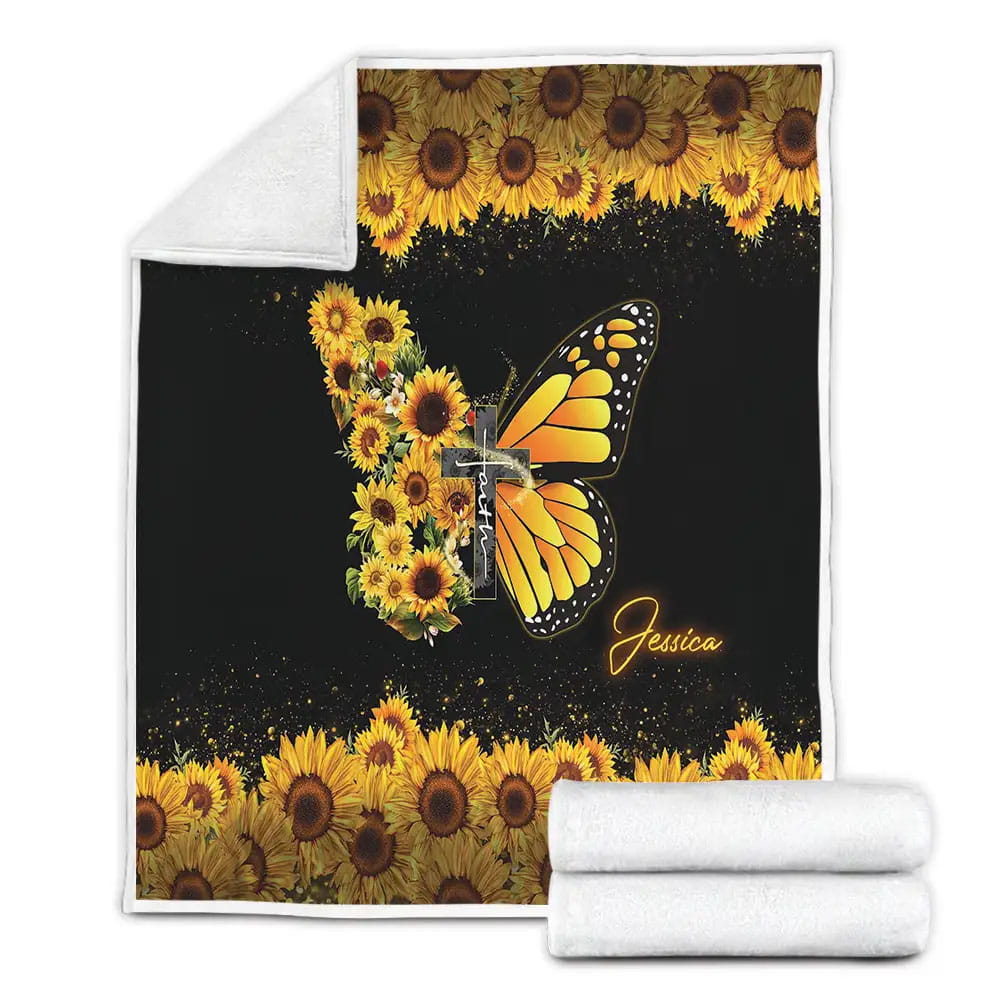 Sunflower And Butterfly Faith In God Black Fleece Blanket Perfect 