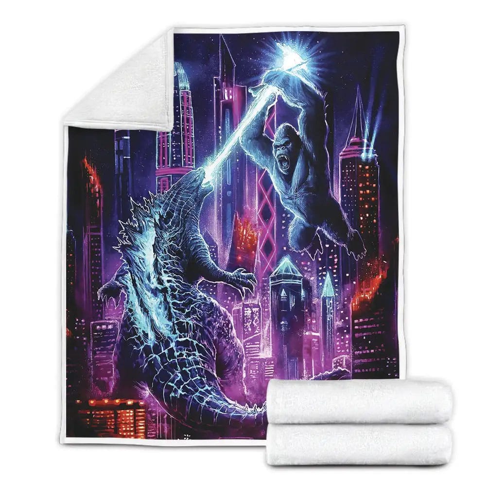 Godzilla Kong Fighting In Neon Lights City Fleece Blanket Perfect 