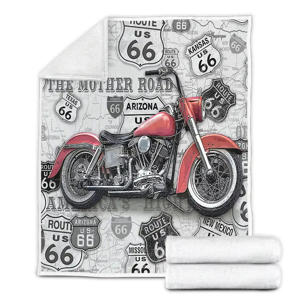 Motorcycle Route 66 Fleece Blanket Gift For Christmas Thanksgiving Halloween