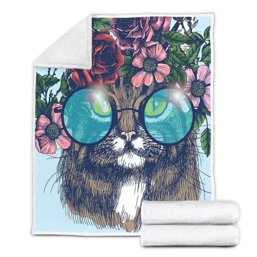 Maine Coon Cat With Floral Wreath Sunglasses Fleece Blanket Perfect 