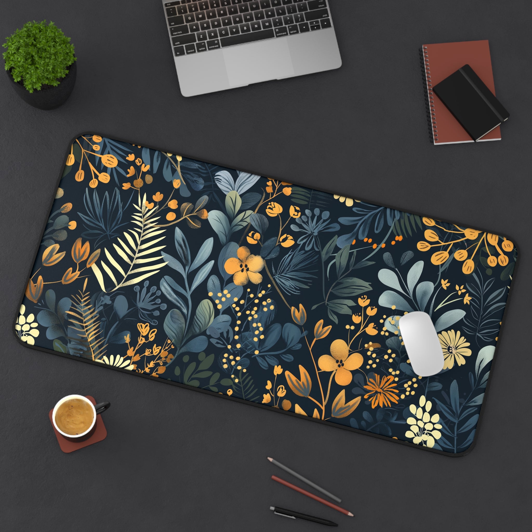 Allleftout Dark Leaves And Yellow Flowers Desk Mat, Gaming Keyboard Mat, Xxl Mousepad