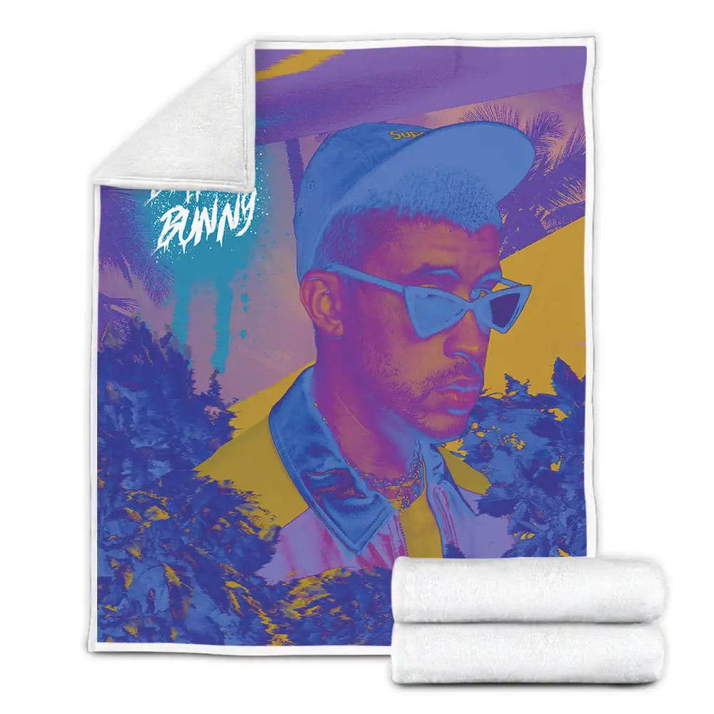 Bad Bunny Portrait In Funky Colours Fleece Blanket Gift For Wife Husband Besties