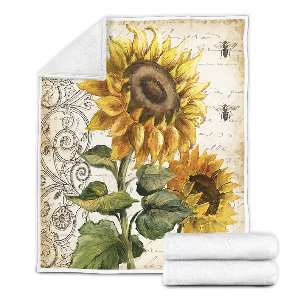 Sunflower Vintage Art Fleece Blanket Gift For Christmas Thanksgiving Halloween