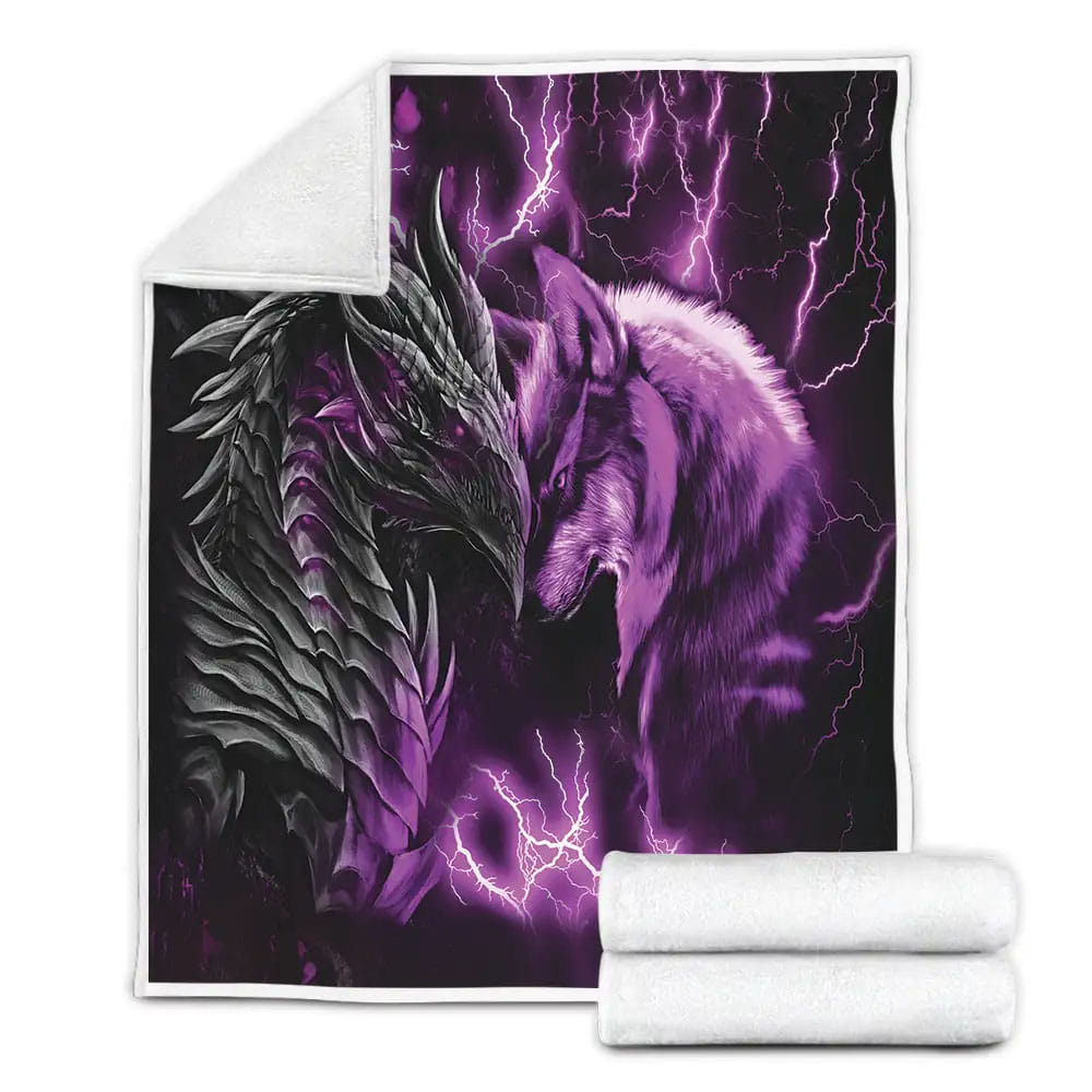 Purple Dragon and Wolf Fleece Blanket Gift For Christmas Thanksgiving Halloween