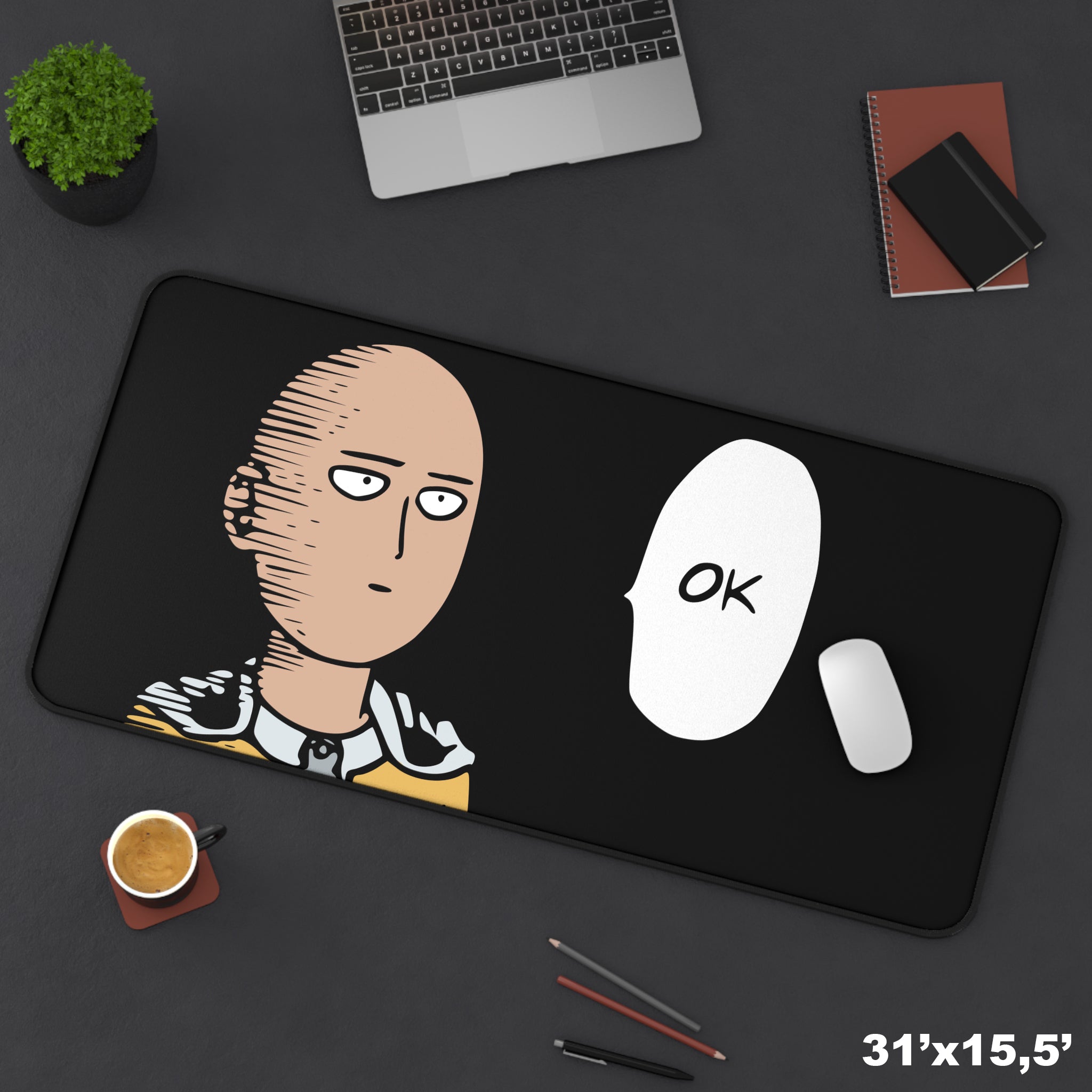 Allleftout Ok Black Desk Mat, Gaming Keyboard Matt, Anime One Punch Man Mousepad Large, Xxl Extended Deskpad Mouse Pad