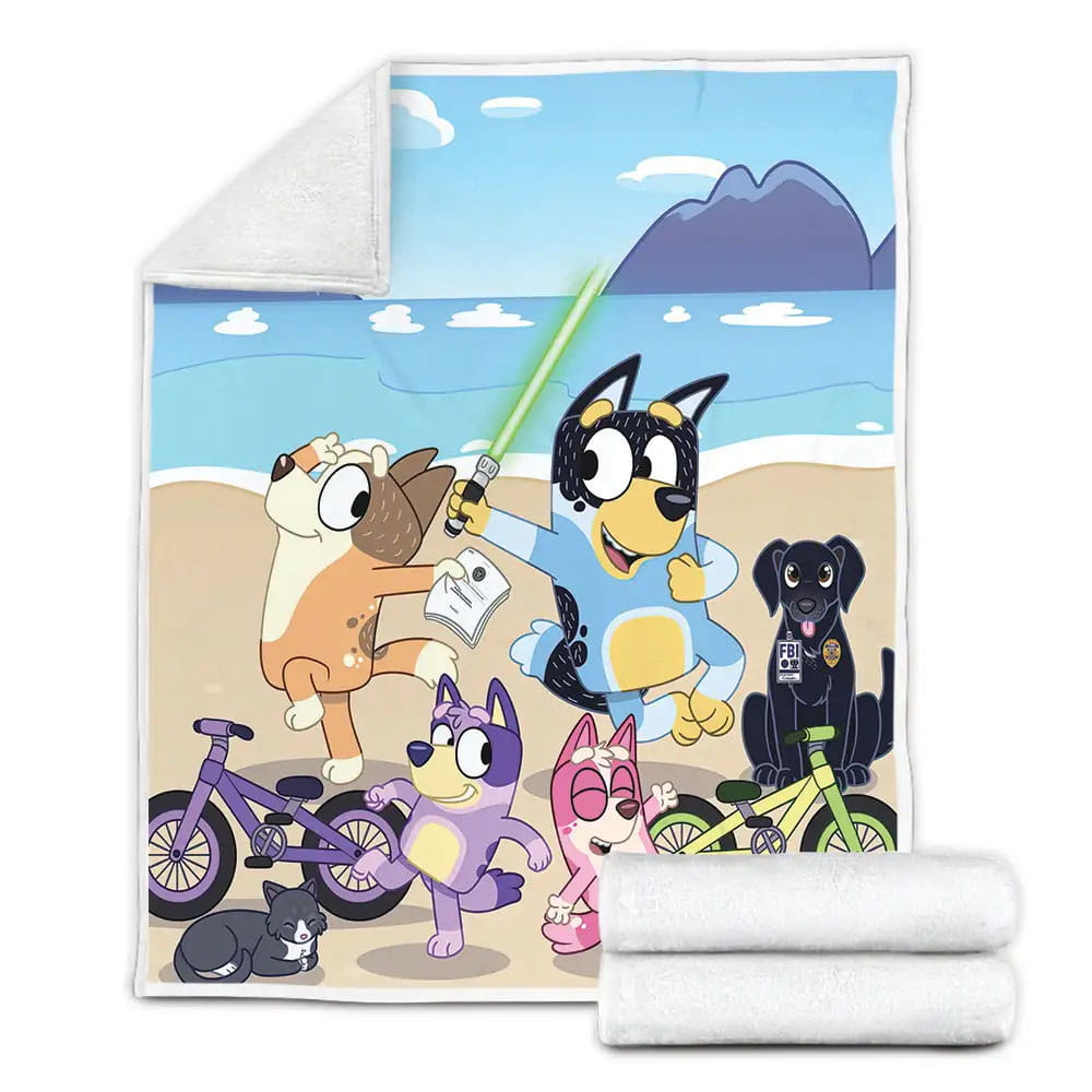 Bluey Characters Playing By The Beach Fleece Blanket Gift For Wife Husband Besties