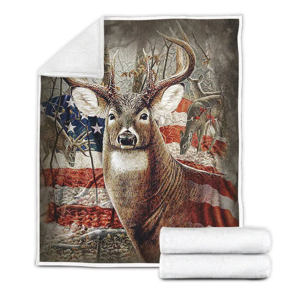 Deer And American Flag Fleece Blanket Gift For Christmas Thanksgiving Halloween