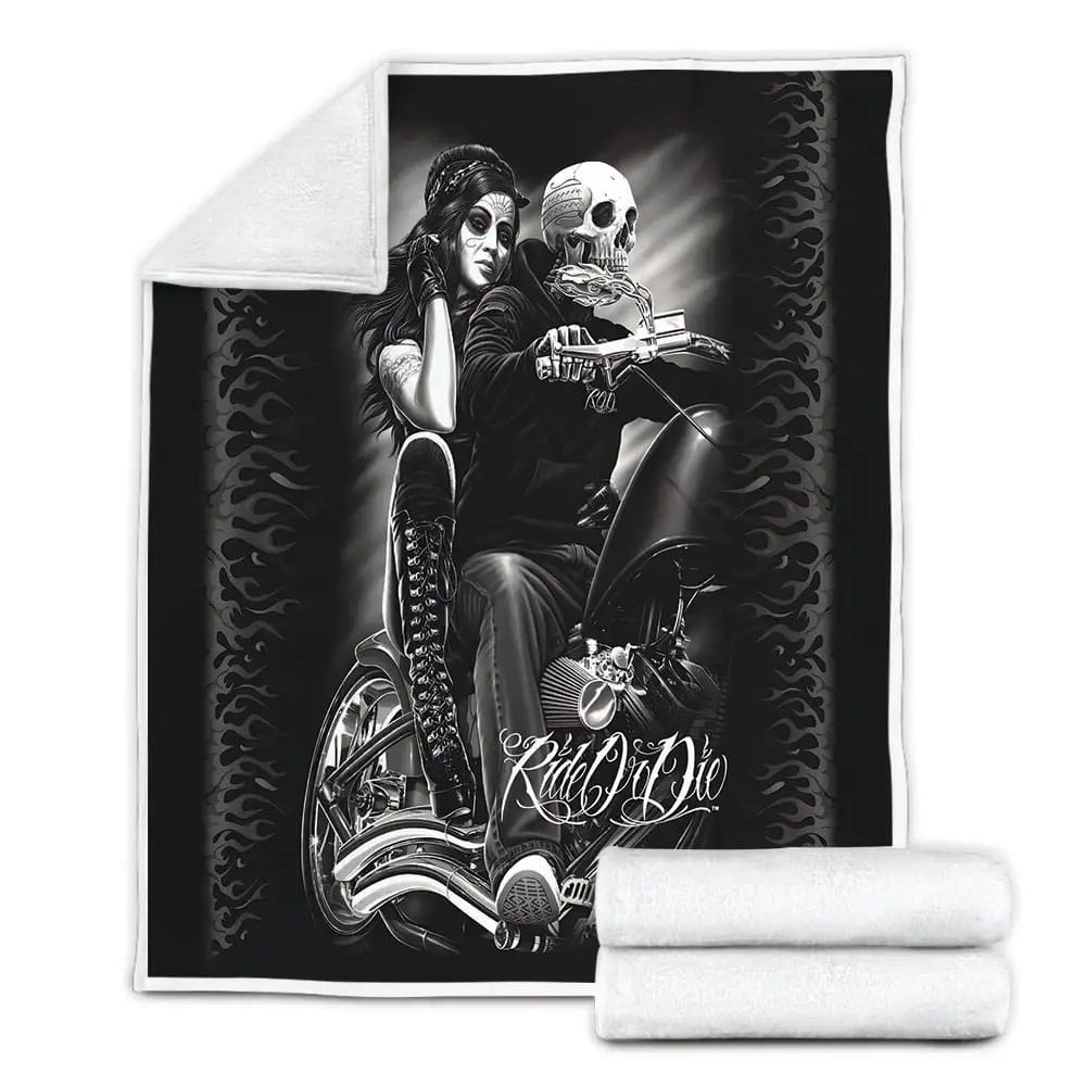 Motorbike Motorcycle Skull Ride Or Die Fleece Blanket Gift For Wife Husband Besties