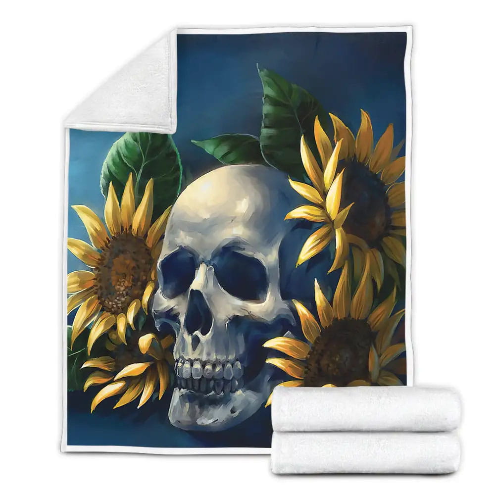 Sunflower And Skull Art Fleece Blanket Gift For Christmas Thanksgiving Halloween