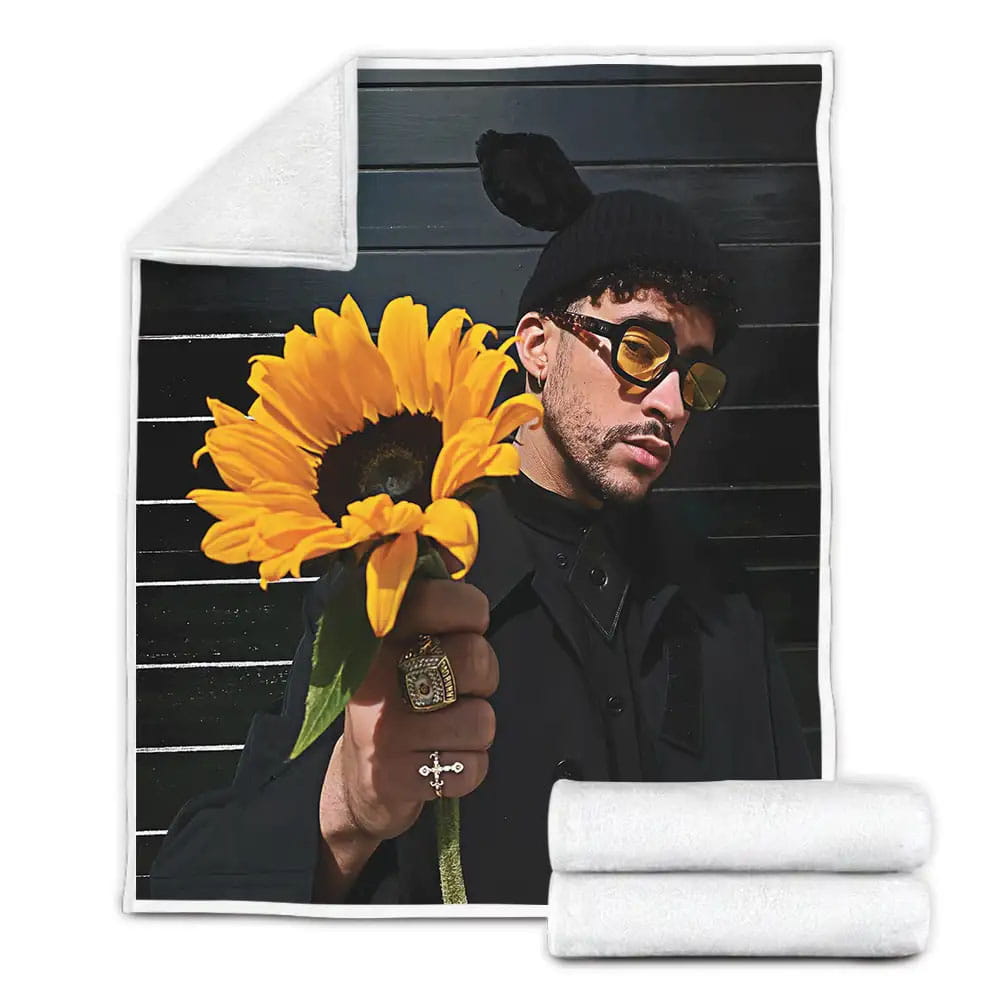 Bad Bunny With Sunflower Fleece Blanket Gift For Christmas Thanksgiving Halloween
