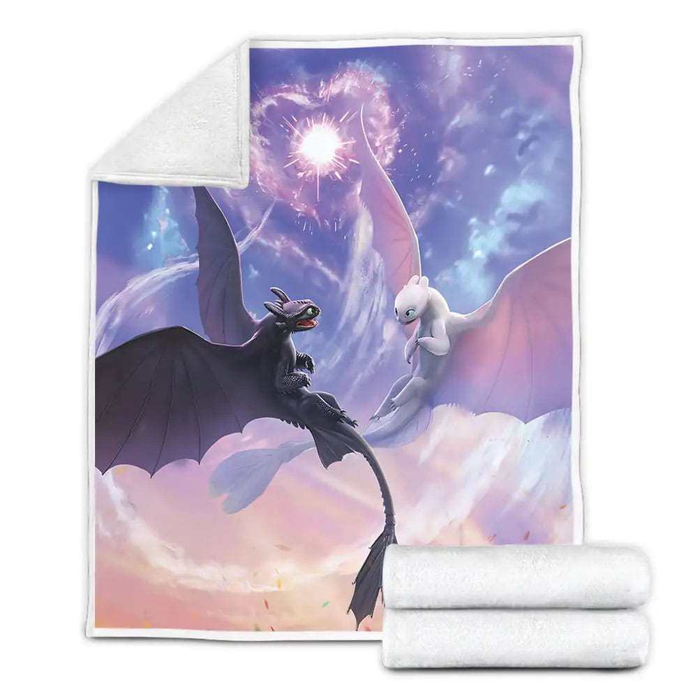 Toothless and Light Fury Flying Together Fleece Blanket Gift For Wife Husband Besties
